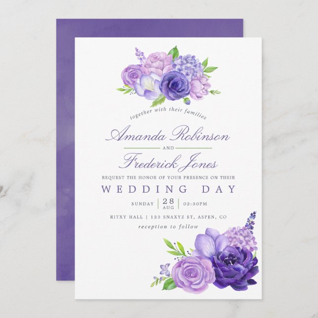Invitación a la boda floral de acuarela ultra viol (Anverso / Reverso)