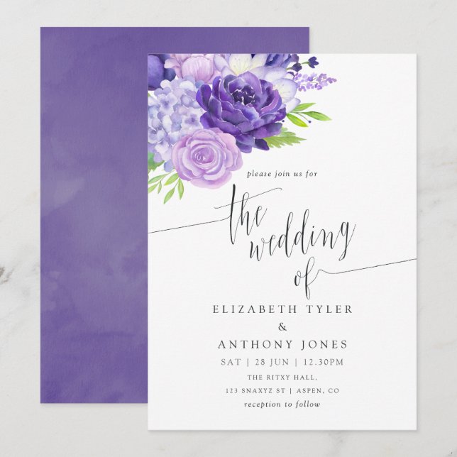 Invitación a la boda floral de acuarela ultra viol (Anverso / Reverso)