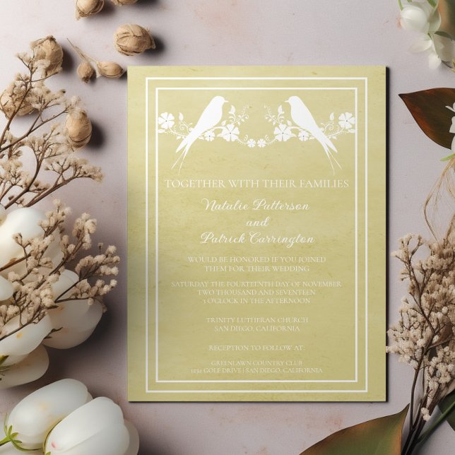 Invitación a la boda floral de Amarillo (Yellow Lovebird Floral Wedding Invitation)