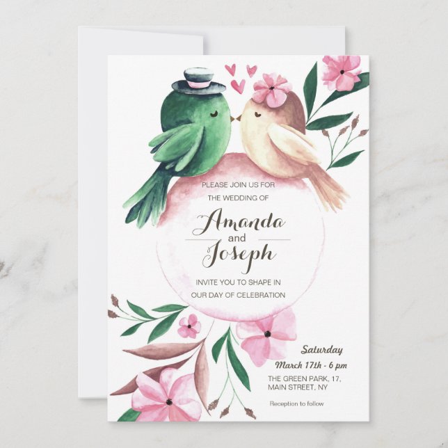 Invitación a la boda floral de aves acuáticas Cute (Anverso)