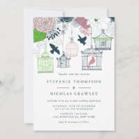 Invitación a la boda floral de aves de cosecha azu