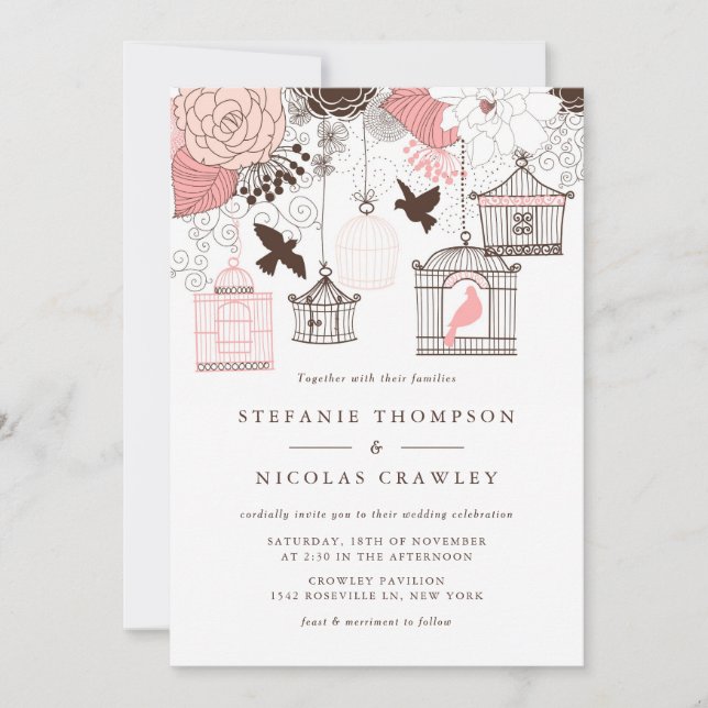 Invitación a la boda floral de aves de cosecha ros (Anverso)