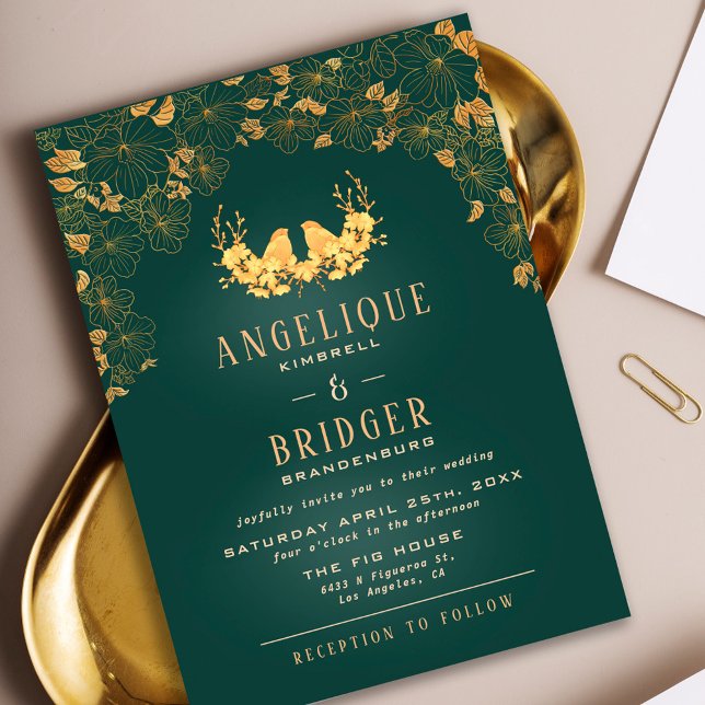 Invitación a la boda floral de aves verdes y dorad (Subido por el creador)