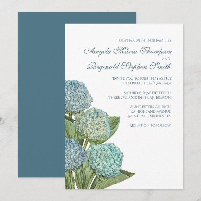Invitación a la boda floral de Blue Hydrangea (Anverso / Reverso)