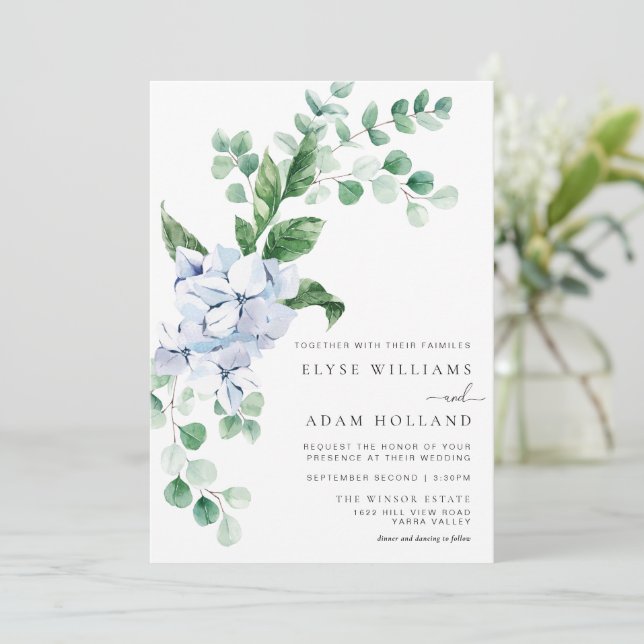 Invitación a la boda floral de Blue Hydrangea (Anverso de pie)