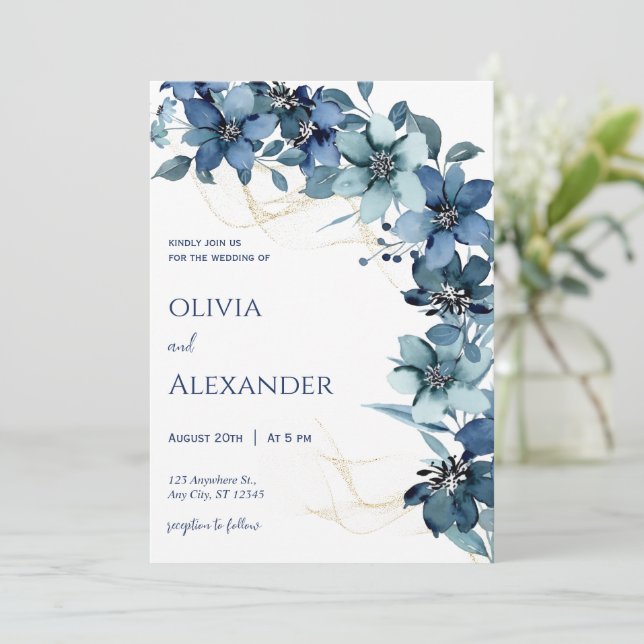 Invitación a la boda floral de Blue White Rustic (Anverso de pie)