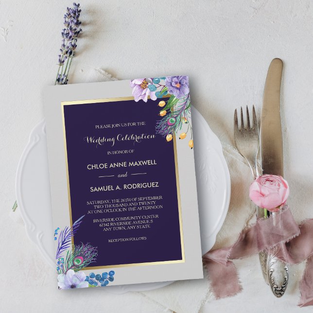 Invitación a la boda floral de Boho azul con marco (Subido por el creador)