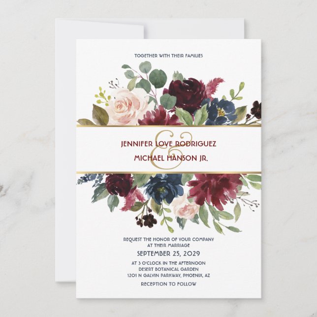 Invitación a la boda floral de boho azul y borgoña (Anverso)