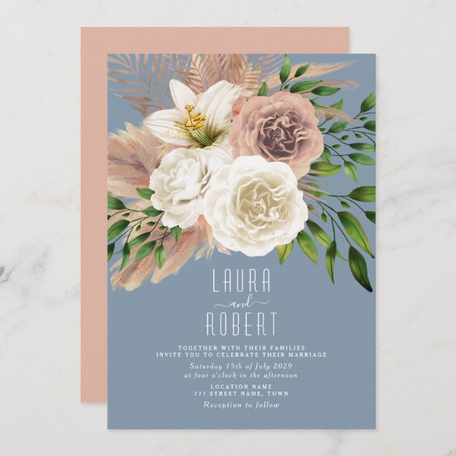 Invitación a la boda floral de Boho azul y turbio (Anverso / Reverso)