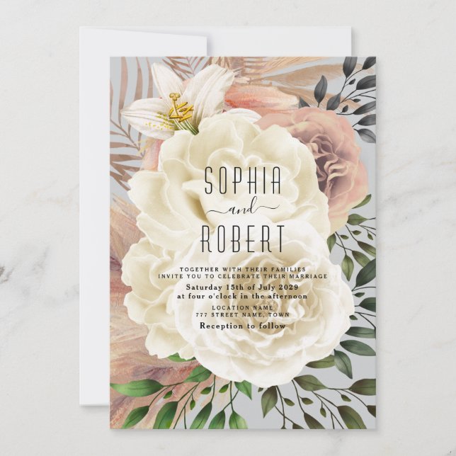 Invitación a la boda floral de Boho azul y turbio (Anverso)