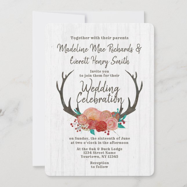 Invitación a la boda floral de Boho Deer Antler (Anverso)