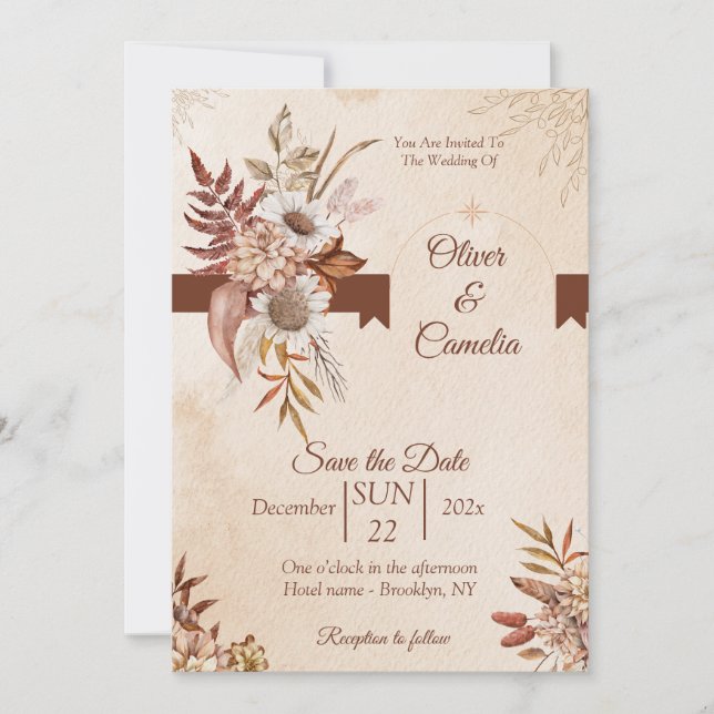 Invitación a la boda floral de Boho Neutral Rústic (Anverso)