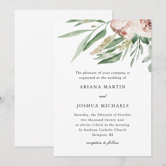 Invitación a la boda floral de bonito Rubor (Anverso / Reverso)