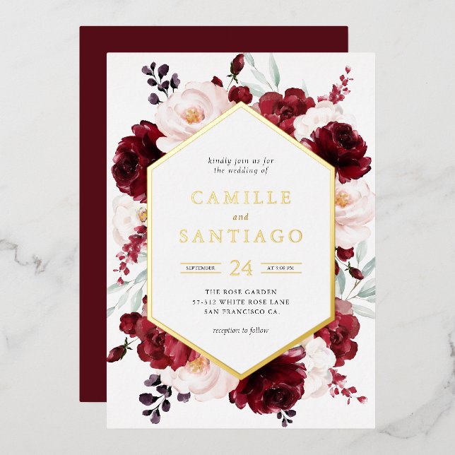 Invitación a la boda floral de Borgoña (Anverso/Reverso)