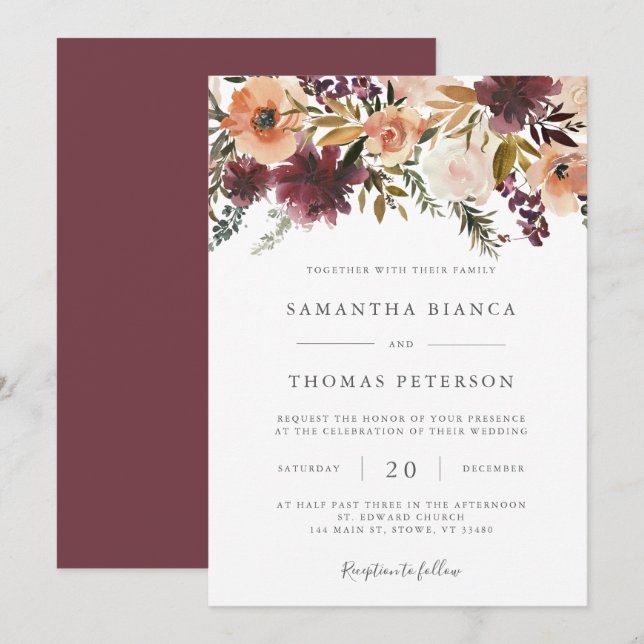 Invitación a la boda floral de Borgoña (Anverso / Reverso)