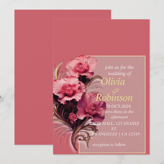 Invitación a la boda floral de Borgoña (Anverso / Reverso)