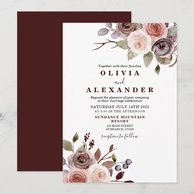 Invitación a la boda floral de Borgoña en otoño (Anverso / Reverso)