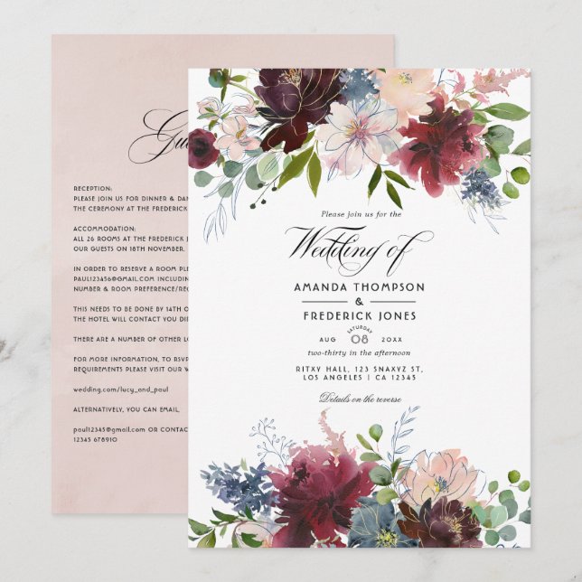 Invitación a la boda floral de Borgoña, Marina y R (Anverso / Reverso)