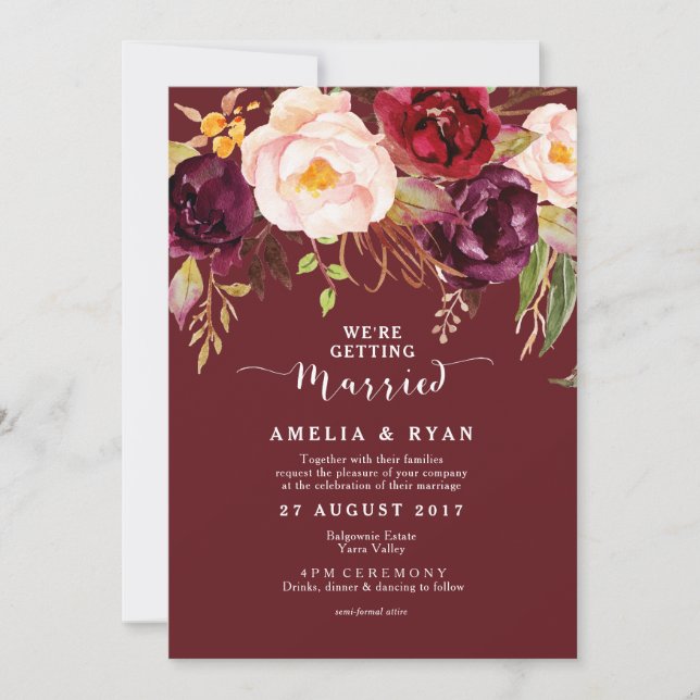 Invitación a la boda floral de Borgoña Marsala (Anverso)