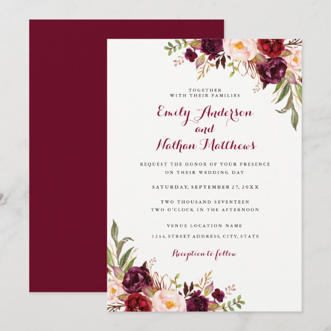 Invitación a la Boda Floral de Borgoña Roja (Anverso / Reverso)