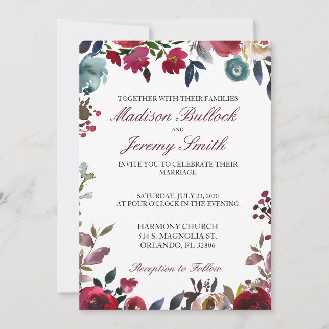 Invitación a la boda floral de Borgoña y la Marina (Anverso)