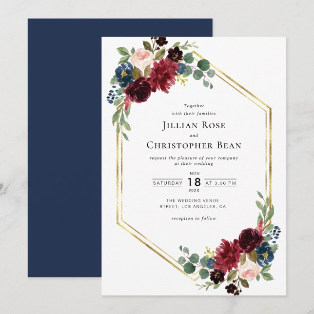 Invitación a la boda floral de Borgoña y Marina (Anverso / Reverso)
