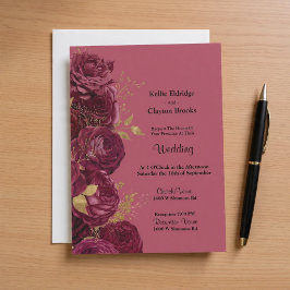 Invitación A La Boda Floral De Borgoña Y Oro