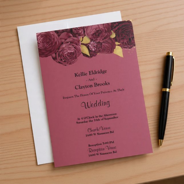 Invitación A La Boda Floral De Borgoña Y Oro (Subido por el creador)