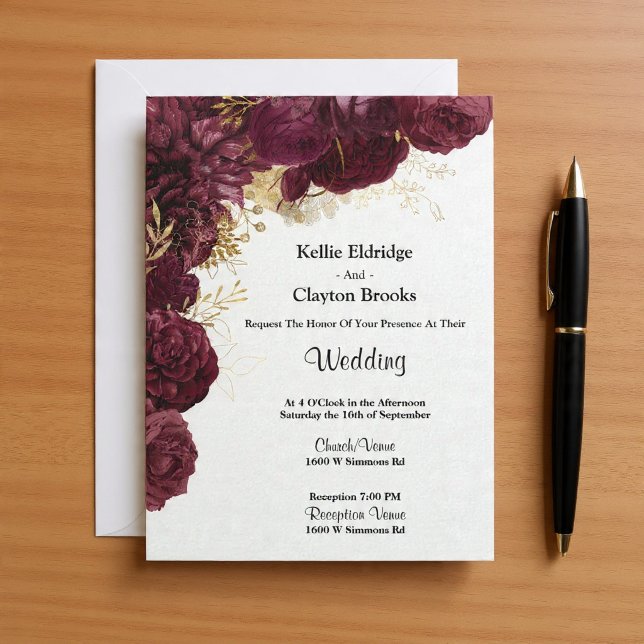 Invitación A La Boda Floral De Borgoña Y Oro (Subido por el creador)