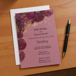 Invitación A La Boda Floral De Borgoña Y Oro