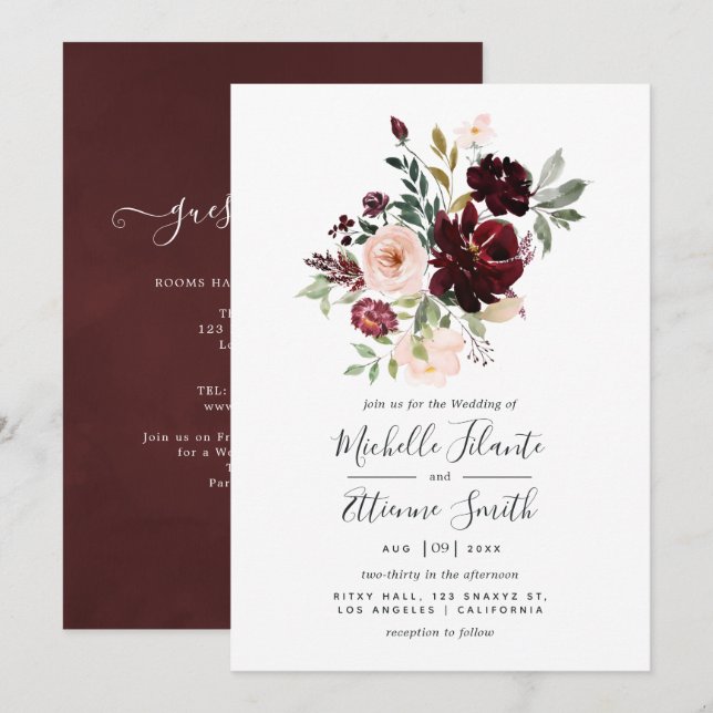 Invitación a la boda floral de borgoña y Rubor (Anverso / Reverso)