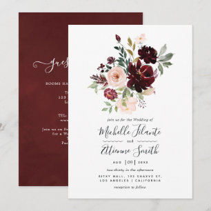 Invitación a la boda floral de borgoña y Rubor