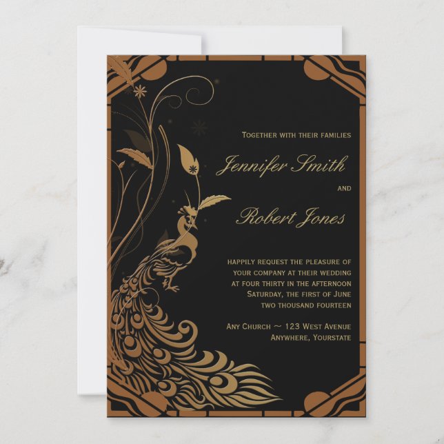 Invitación a la Boda Floral de Bronce Art Deco Pea (Anverso)