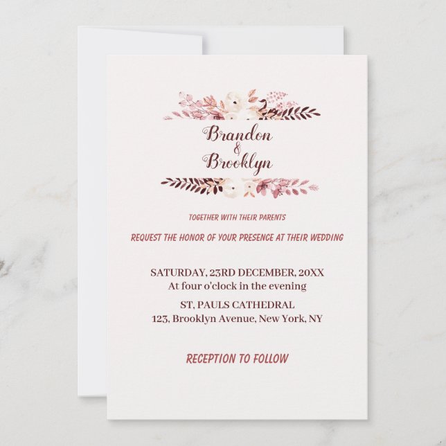 Invitación a la boda floral de champán rosa y turb (Anverso)
