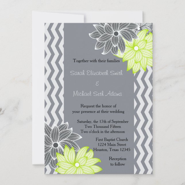 Invitación a la Boda Floral de Chevron Green Lime  (Anverso)