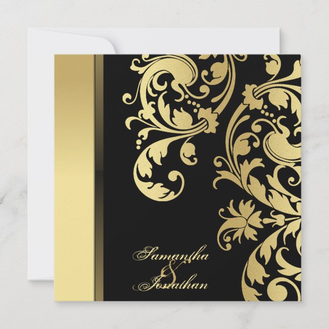 Invitación a la boda Floral de chispa negra y dora (Anverso)