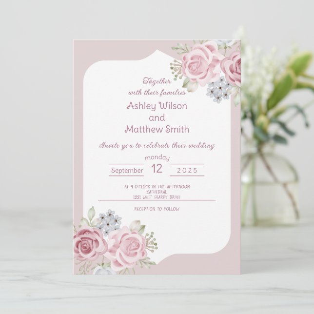 Invitación a la boda floral de Cinnamon Rosa (Anverso de pie)