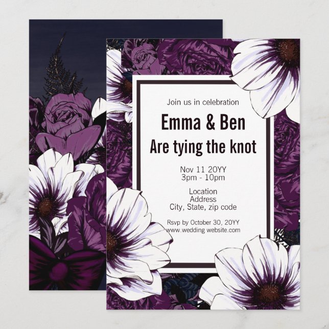 Invitación a la boda floral de ciruela oscura de G (Anverso / Reverso)