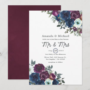 Invitación a la boda floral de ciruela y marina