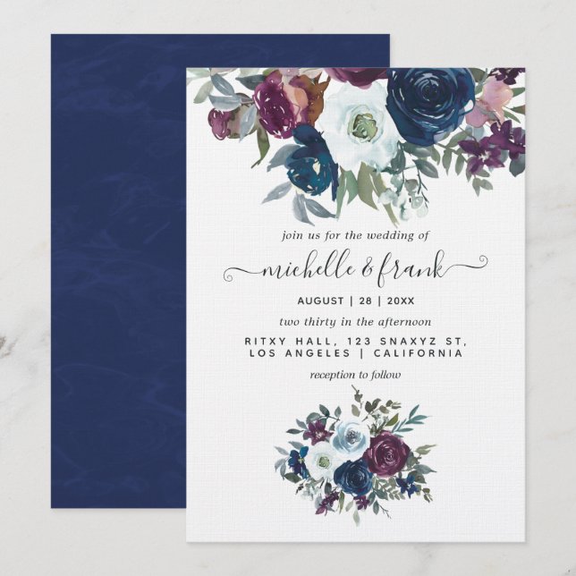 Invitación a la boda floral de ciruela y marina (Anverso / Reverso)