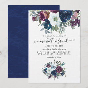 Invitación a la boda floral de ciruela y marina