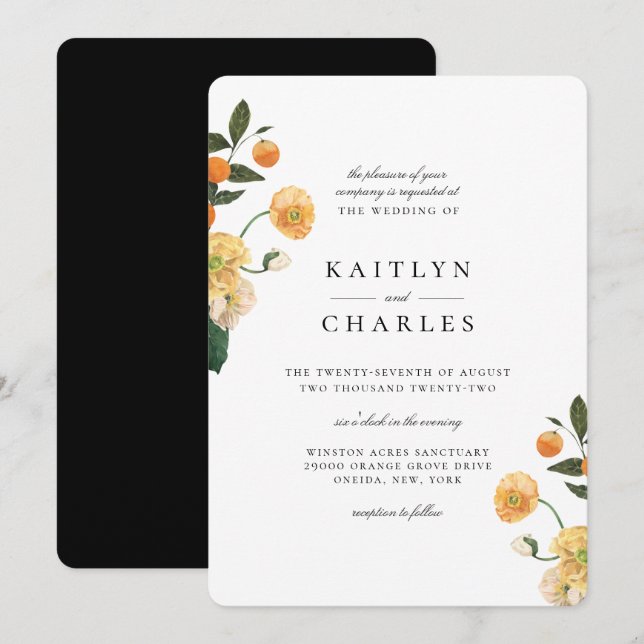 Invitación a la boda floral de Citrus naranja (Anverso / Reverso)
