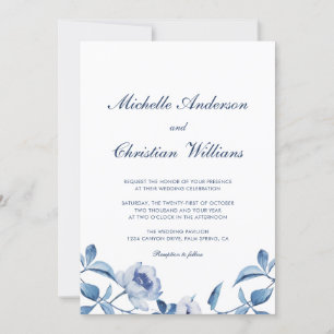 Invitación a la boda floral de color azul