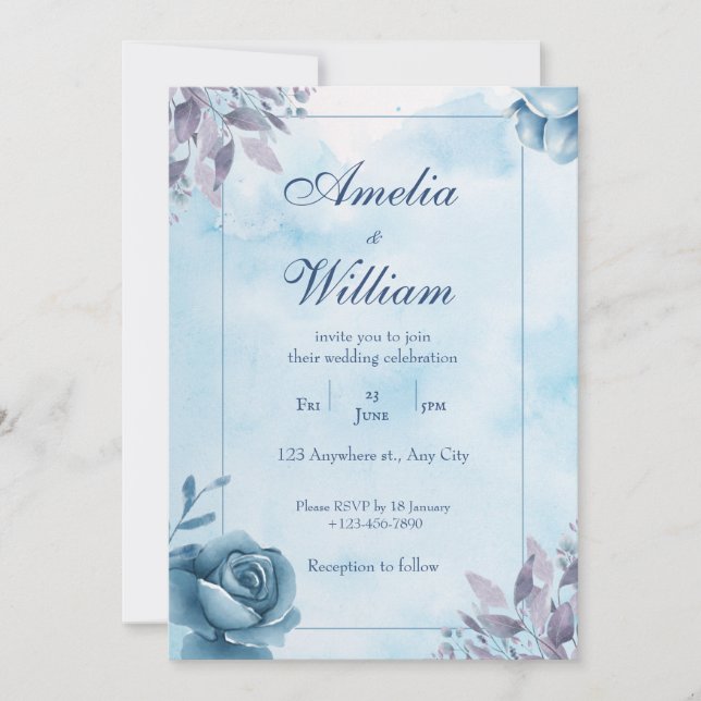 Invitación a la boda floral de color azul (Anverso)