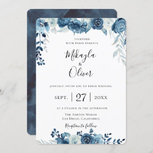 Invitación a la boda floral de color azul marino