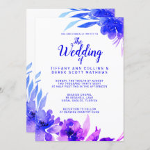 Invitación a la boda floral de color azul morado