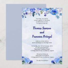 Invitación a la boda floral de color azul real