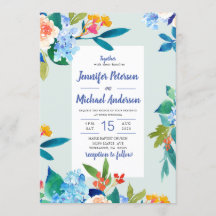 Invitación a la boda floral de color azul y meloco