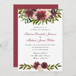 Invitación a la boda floral de color burdeos