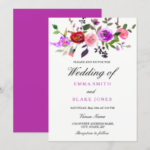 Invitación a la boda floral de color morado rosado